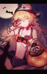  1girl ;) bangs basket bat blonde_hair blush breasts closed_mouth collarbone contrapposto cowboy_shot eyebrows_visible_through_hair fang full_moon girls_frontline green_eyes hair_between_eyes halloween hands_up highres letterboxed long_hair looking_at_viewer moon one_eye_closed s.a.t.8_(girls_frontline) shorts small_breasts smile solo suspender_shorts suspenders wtcolor 