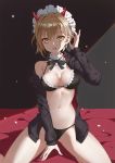  1girl artoria_pendragon_(swimsuit_rider_alter)_(fate) bed_sheet bikini bikini_under_clothes black_bikini black_neckwear black_ribbon black_shirt blonde_hair blush breasts bright_pupils cleavage demon_horns fang fate_(series) frilled_bikini_top frills hand_up highres horns kneeling long_sleeves looking_at_viewer maid_headdress medium_breasts navel neck_ribbon off_shoulder open_clothes open_shirt ribbon round_teeth shirt short_hair single_bare_shoulder solo stomach swimsuit teeth thighs yellow_eyes z&#039;co 