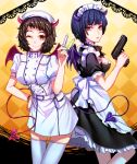  2girls apron atlus black_hair blue_hair blush breasts brown_eyes brown_hair devil_horns devil_tail halloween hat jewelry kawakami_sadayo looking_at_viewer maid maid_apron maid_dress maid_headdress medium_breasts megami_tensei multiple_girls necklace nurse nurse_cap one_eye_closed persona persona_5 short_hair smile standing syringe takemi_tae wings yaoto 