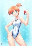  1girl aozame_takao blue_background competition_swimsuit contrapposto cowboy_shot gluteal_fold gradient gradient_background hand_on_hip highres kasumi_(pokemon) looking_at_viewer one-piece_swimsuit open_mouth orange_hair poke_ball pokemon pokemon_(game) pokemon_hgss pokemon_rgby print_swimsuit short_hair side_ponytail signature solo swimsuit white_swimsuit 