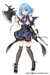  1girl 2017 ;d adhara_(hoshi_no_girls_odyssey) axe black_footwear blue_hair blue_skirt bow braid brooch copyright_name full_body green_eyes grey_legwear hagino_kouta hair_bow highres holding holding_axe holding_weapon hoshi_no_girls_odyssey jewelry layered_skirt looking_at_viewer official_art one_eye_closed open_mouth purple_bow shoes short_hair simple_background skirt smile solo strappy_heels thigh-highs weapon white_background wrist_cuffs 