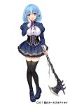  1girl :d adhara_(hoshi_no_girls_odyssey) axe black_legwear blue_footwear blue_hair blue_skirt blush bow braid brooch copyright_name corset full_body green_eyes hagino_kouta hair_bow hand_on_own_face highres holding holding_axe holding_weapon hoshi_no_girls_odyssey jewelry looking_at_viewer official_art open_mouth purple_bow shoes short_hair simple_background skirt smile solo strappy_heels thigh-highs weapon white_background 