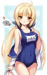  1girl ahoge bangs blonde_hair blush breasts clothes_writing covered_navel cowboy_shot eyebrows_visible_through_hair jacket long_hair looking_at_viewer low_twintails medium_breasts open_clothes open_jacket orange_eyes parted_lips school_swimsuit solo swimsuit twintails very_long_hair yadamon_(neverland) 
