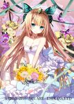  1girl bangs bare_arms bare_shoulders blonde_hair blunt_bangs blush bouquet butterfly butterfly_hair_ornament closed_mouth diadem dress eyebrows_visible_through_hair flower gem green_eyes hair_ornament happy head_tilt holding holding_bouquet jewelry kaku-san-sei_million_arthur kneeling long_hair looking_at_viewer necklace official_art rose smile solo sword very_long_hair watermark weapon wedding_dress yellow_rose yuuki_kira 