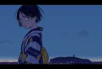  1girl black_eyes black_hair blue_sky blush clouds commentary from_side horizon japanese_clothes kimono letterboxed lighthouse looking_at_viewer looking_to_the_side obi original ouchi_kaeru outdoors parted_lips revision sash short_hair sky solo water 