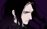  1boy black_hair black_shirt closed_mouth collared_shirt commentary_request face fate/grand_order fate_(series) furrowed_eyebrows galahad_(fate) long_hair male_focus portrait purple_background shirt simple_background solo violet_eyes wing_collar yosi135 