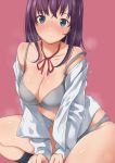  1girl bangs bare_shoulders black_legwear blue_eyes blush bra breasts cleavage closed_mouth commentary_request doushimasho eyebrows_visible_through_hair grey_bra grey_panties large_breasts legs long_hair long_sleeves looking_at_viewer neck_ribbon off_shoulder panties pink_background purple_hair red_ribbon ribbon shirt simple_background sitting smile socks solo steaming_body sweat underwear white_shirt 
