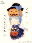  ^_^ blue_bow blue_cape blue_hair bow candy candy_cane cape closed_eyes dated food halloween_basket halloween_costume hat hat_bow highres holding_basket kantai_collection lollipop long_hair mae_(maesanpicture) open_mouth samidare_(kantai_collection) smile twitter_username upper_body witch witch_hat 