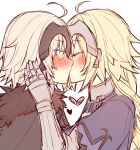  2girls ahoge blonde_hair closed_eyes commentary dual_persona fate/grand_order fate_(series) from_side fur_trim gauntlets headpiece jeanne_alter kiss kvlen long_braid multiple_girls profile ruler_(fate/apocrypha) short_hair sketch white_background yellow_eyes yuri 
