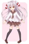  1girl absurdres amatsukaze_(kantai_collection) bangs black_legwear blush brown_eyes brown_footwear brown_neckwear brown_skirt commentary_request eyebrows_visible_through_hair fang frilled_skirt frills full_body hair_between_eyes hair_tubes hakuto_momiji head_tilt highres kantai_collection loafers long_hair long_sleeves looking_at_viewer neckerchief open_mouth pigeon-toed pink_background pleated_skirt school_uniform serafuku shirt shoes silver_hair simple_background skirt solo standing thigh-highs two_side_up very_long_hair white_shirt windsock 