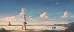  1girl arms_behind_back beach bird black_cat blonde_hair blue_footwear blue_legwear blue_sailor_collar blue_skirt blue_sky cat clouds commentary_request feel_(nasitaki) foam from_side highres horizon long_sleeves ocean original pleated_skirt profile scenery school_uniform seagull serafuku shirt shoes shore short_hair signature skirt sky socks solo standing standing_on_one_leg walking water waves white_shirt 