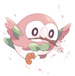  beak bird black_eyes branch bright_pupils flower full_body ikuchi_osutega mouth_hold no_humans outstretched_wings owl petals pokemon pokemon_(creature) pokemon_(game) pokemon_sm rowlet simple_background talons white_background 