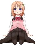  1girl :o aethi bangs black_legwear black_skirt blush bow bowtie breasts buttons collared_shirt commentary_request eyebrows_visible_through_hair feet foreshortening full_body gochuumon_wa_usagi_desu_ka? hair_ornament hairclip hand_rest highres hoto_cocoa long_hair long_sleeves looking_at_viewer no_shoes open_mouth orange_hair pantyhose pink_vest rabbit_house_uniform red_neckwear shirt simple_background sitting skirt small_breasts soles solo toes violet_eyes white_background white_shirt wing_collar 