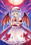  1girl bat bow cup hat highres holding holding_cup holding_plate lavender_hair mob_cap nail_polish plate puffy_short_sleeves puffy_sleeves red_bow red_eyes red_nails remilia_scarlet short_sleeves solo suzutaka_(ringo_kakigoori) teacup touhou wings 
