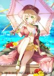  1girl bad_id bad_pixiv_id bare_shoulders blonde_hair blue_sky blush bra breasts closed_mouth day dress eyebrows_visible_through_hair flower frilled_bra frills green_eyes hat head_tilt holding holding_umbrella kaku-san-sei_million_arthur leg_up looking_at_viewer medium_breasts no_socks ocean off_shoulder official_art open_clothes open_dress outdoors red_dress red_flower sandals sarong short_hair sitting sky smile solo umbrella underwear watermark white_bra yellow_flower yuuki_kira 