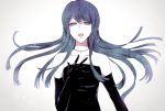  1girl black_dress black_gloves blue_eyes blue_hair collarbone dangan_ronpa dangan_ronpa_1 dress elbow_gloves eyebrows_visible_through_hair floating_hair gloves grey_background jewelry long_hair maizono_sayaka music necklace open_mouth singing solo strapless strapless_dress underwear z-epto_(chat-noir86) 