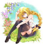  1girl blonde_hair blue_eyes braid commentary_request fate/apocrypha fate_(series) flower long_hair looking_at_viewer necktie ruler_(fate/apocrypha) shiosoda shorts single_braid sitting smile solo thigh-highs very_long_hair zettai_ryouiki 