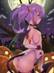  1girl arched_back ass bare_shoulders blush breasts demon_tail earrings fingerless_gloves full_moon gloves hair_ornament hairclip hobby_(kento) jack-o&#039;-lantern jewelry leotard long_hair moon nail_polish night night_sky original outdoors pointy_ears ponytail profile pumpkin purple_nails red_eyes side_glance sky small_breasts solo standing tail thigh-highs tree 