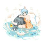  1girl animal_ears barefoot blue_eyes blue_hair blush breast_press breasts cat_ears cat_tail feet floral_print hair_between_eyes hair_ribbon looking_at_viewer medium_breasts naked_towel official_art orange_towel ribbon rubber_duck shinon_(sao-alo) short_hair_with_long_locks sideboob sidelocks sitting smile solo steam sword_art_online tail towel transparent_background water white_ribbon 