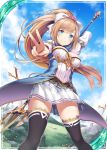  1girl akkijin blue_eyes blue_sky breasts brown_hair card_(medium) field frilled_skirt frills hair_ribbon lance looking_at_viewer medium_breasts polearm ponytail ribbon shinkai_no_valkyrie skirt sky smile solo sword thigh-highs trident v weapon white_ribbon 