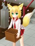  1girl :t absurdres animal_ears bangs black_ribbon blonde_hair box character_request closed_mouth commentary_request crack day donation_box eyebrows_visible_through_hair fox_ears fox_girl fox_tail green_eyes hair_between_eyes hakuto_momiji hidan_no_aria highres holding holding_box long_hair long_sleeves looking_at_viewer necktie outdoors petals pleated_skirt pout railing red_neckwear red_skirt ribbon school_uniform serafuku shirt skirt solo stairs standing statue stone_stairs tail white_shirt 