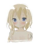  1girl arms_at_sides bangs blonde_hair blue_eyes blush closed_mouth collarbone eyebrows_visible_through_hair hair_between_eyes long_hair looking_at_viewer nude original partially_submerged simple_background solo tareme tia-chan uchuuneko upper_body water wet wet_hair white_background 