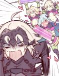  4girls ahoge aqua_hair artoria_pendragon_(all) blonde_hair breasts cleavage fate_(series) female_pervert jeanne_alter kvlen lancer_(fate/prototype_fragments) long_hair multiple_girls navel open_mouth pervert ruler_(fate/apocrypha) saliva scared short_hair thigh-highs you_gonna_get_raped yuri 