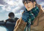  2boys beard black_gloves black_hair clouds cloudy_sky coat doujima_daigo facial_hair formal gloves male_focus matsu_(bandan) multiple_boys ryuu_ga_gotoku ryuu_ga_gotoku_5 scarf shinada_tatsuo sky suit winter_clothes 