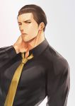  1boy ahoge black_eyes black_hair brown_hair dress_shirt hair_slicked_back hand_to_neck jacket jacket_removed male_focus matsu_(bandan) mine_yoshitaka necktie ryuu_ga_gotoku ryuu_ga_gotoku_3 shirt solo yellow_neckwear 