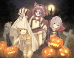  3girls ahoge bandage bandaged_leg bell belt bionekojita black_bra black_cat blonde_hair bra cape cat claws commentary_request eyepatch flat_chest food_themed_hair_ornament full_moon ghost_costume gloves hair_ornament halloween halloween_costume hayasaka_mirei hoshi_shouko idolmaster idolmaster_cinderella_girls jack-o&#039;-lantern jewelry kneeling moon morikubo_nono multiple_girls mushroom_hair_ornament naked_bandage night night_sky open_mouth outdoors paw_gloves paws pendant purple_hair short_shorts shorts silver_hair skull sky smile tears underwear 