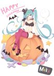  1girl absurdres bat black_gloves character_name full_body gloves halloween happy_halloween hat hatsune_miku high_heels highres jack-o&#039;-lantern legs_crossed long_hair mini_hat mini_top_hat peng_yong pink_legwear sitting solo thigh-highs top_hat twintails very_long_hair vocaloid 