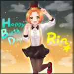  1girl absurdres black_legwear black_skirt blush character_name clouds commentary_request earrings frilled_shirt frills gradient gradient_background green_eyes happy_birthday hat hello_hoshi_wo_kazoete highres hoop_earrings hoshizora_rin jewelry kudukimii looking_at_viewer love_live! love_live!_school_idol_project open_mouth orange_hair pantyhose paw_pose red_footwear shirt short_hair skirt solo sparkle star starry_background suspenders top_hat white_shirt 