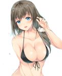  1girl :d bangs bare_arms bare_shoulders bikini_top black_bikini_top black_ribbon blue_eyes blush breasts brown_hair cleavage collarbone eyebrows_visible_through_hair front-tie_bikini front-tie_top hair_ornament hair_over_shoulder hair_scrunchie hand_up large_breasts long_hair looking_at_viewer low-tied_long_hair low_ponytail mole mole_under_eye open_mouth original ribbon scrunchie shiny shiny_skin smile solo suihi tareme upper_body 