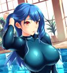  1girl blue_hair blush bodysuit breasts character_request erect_nipples flipped_hair highres impossible_clothes large_breasts long_hair looking_at_viewer pool red_eyes solo source_request sugarbeat swimsuit thick_eyebrows upper_body wet wet_clothes 