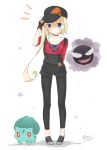  1girl arm_behind_back arm_up backpack bag bangs baseball_cap black_belt black_footwear black_gloves black_hat black_legwear blonde_hair blue_eyes blush bulbasaur choker cosplay cropped_jacket female_protagonist_(pokemon_go) female_protagonist_(pokemon_go)_(cosplay) fingerless_gloves gastly gloves hair_between_eyes hand_on_headwear hat jacket leggings long_hair looking_at_viewer original pigeon-toed pokemon pokemon_(creature) pokemon_go red_eyes red_jacket red_neckwear shoes short_jumpsuit signature simple_background standing star tia-chan uchuuneko very_long_hair white_background 