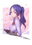  1girl absurdres black_gloves blue_hair bodysuit breasts fate/grand_order fate_(series) gloves gorgeous_mushroom highres holding holding_sword holding_weapon long_hair looking_at_viewer minamoto_no_raikou_(fate/grand_order) petals ponytail smile solo sword violet_eyes weapon 