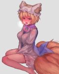  1girl bangs bare_legs barefoot between_breasts blonde_hair blush breasts commentary_request fox_tail grey_background hat heavy_breathing highres looking_at_viewer masanaga_(tsukasa) medium_breasts ofuda pillow_hat short_hair simple_background sitting sketch solo sweat tabard tail tassel tongue tongue_out touhou wariza white_background white_hat yakumo_ran 