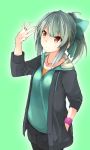  1girl alternate_costume casual closed_mouth collarbone hand_up heart heart_necklace highres jewelry kantai_collection long_sleeves myuto_(advent_retribution) pendant ring smile solo spread_fingers yuubari_(kantai_collection) 