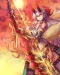  1girl armor blood bow bow_(weapon) breasts david_lee fate/grand_order fate_(series) fire hachimaki hair_bow headband horns japanese_armor long_hair mitsudomoe_(shape) oni oni_horns red_eyes sideboob silver_hair solo tomoe_(symbol) tomoe_gozen_(fate/grand_order) weapon 