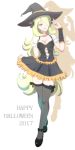  1girl 2017 absurdres black_bow blonde_hair bow breasts cleavage corset dress frilled_dress frilled_skirt frills full_body grey_eyes hair_over_one_eye half-closed_eyes halloween halloween_costume happy_halloween hat hat_tip highres medium_breasts pokemon pokemon_(game) pokemon_dppt shirona_(pokemon) short_sleeves simple_background skirt skirt_lift smile text thigh-highs white_background witch_hat yang_meiling zettai_ryouiki 