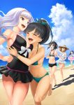  5girls :d aqua_bikini barefoot beach bikini bikini_shorts black_hair black_shorts black_swimsuit blue_bikini blue_hair blue_sky bracelet breasts casual_one-piece_swimsuit cleavage closed_eyes clouds day dress fang floating_hair ganaha_hibiki gyouza_teishoku hagiwara_yukiho hairband hand_on_headwear hat hat_ribbon high_ponytail hug idolmaster innertube jewelry kikuchi_makoto kisaragi_chihaya large_breasts long_hair multiple_girls navel ocean one-piece_swimsuit one_leg_raised open_mouth outdoors pink_hairband red_eyes ribbon shijou_takane short_dress short_hair shorts sideboob silver_hair sky sleeveless sleeveless_dress small_breasts smile standing straw_hat striped striped_bikini striped_bikini_top sun_hat sweatdrop swimsuit transparent white_dress white_ribbon 