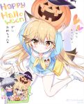 2girls :&lt; animal_ears arms_up bag blonde_hair blue_shirt blush brown_eyes candy closed_eyes ezo_red_fox_(kemono_friends) food fox_ears fox_tail from_above halloween hands_on_headwear hat hug jack-o&#039;-lantern kemono_friends long_hair looking_up mary_janes multiple_girls pantyhose shirt shoes silver_fox_(kemono_friends) silver_hair sitting skirt socks tail takahashi_tetsuya translation_request white_legwear white_skirt witch_hat younger 