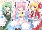  3girls :d ;) alternate_costume blonde_hair braid breasts cleavage enmaided flandre_scarlet green_eyes green_hair hair_ribbon hata_no_kokoro komeiji_koishi long_hair looking_at_viewer low_twintails maid maid_headdress mask mask_on_head multiple_girls one_eye_closed one_side_up open_mouth red_eyes ribbon shikitani_asuka silver_hair smile third_eye touhou twin_braids twintails violet_eyes wings 