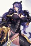  1girl armor black_armor black_panties breasts camilla_(fire_emblem_if) capelet cleavage dantewontdie fire_emblem fire_emblem_if gauntlets gradient gradient_background hair_over_one_eye large_breasts lips long_hair looking_at_viewer panties parted_lips purple_hair simple_background smile solo thigh-highs tiara underwear very_long_hair violet_eyes 