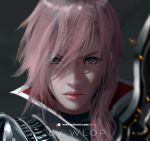 1girl armor artist_name blue_eyes blurry close-up closed_mouth depth_of_field final_fantasy final_fantasy_xiii hair_between_eyes highres lightning_farron long_hair looking_at_viewer patreon_logo patreon_username pink_hair pink_lips solo sparks wlop 