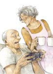  1boy 1girl apron closed_eyes controller cup drink game_controller glasses grandparents graphite_(medium) grey_hair ina_(gonsora) looking_to_the_side mug old_man old_woman open_mouth original playing_games playstation_controller short_hair sitting smile steam traditional_media watercolor_(medium) white_background wrinkles 