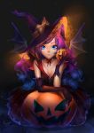  1girl animal_ears asymmetrical_clothes blue_eyes choker elbow_gloves gloves gradient_hair halloween hat highres jack-o&#039;-lantern kaminary long_hair looking_at_viewer mismatched_gloves multicolored_hair original purple_hair single_elbow_glove solo wings witch_hat 