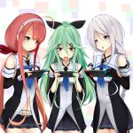 3girls :o blue_eyes braid cain_(inosennto007) choker commentary_request detached_sleeves elbow_gloves fingerless_gloves gloves green_hair grey_eyes hair_between_eyes hair_ornament hair_ribbon hairband hairclip highres holding kantai_collection kawakaze_(kantai_collection) long_hair low_twintails mole mole_under_eye multiple_girls navel nintendo_switch playing_games pleated_skirt ponytail redhead ribbon school_uniform serafuku silver_hair single_braid skirt twintails umikaze_(kantai_collection) yamakaze_(kantai_collection) 