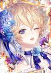  ;d artist_name blue_eyes blue_flower blue_ribbon bow dated flower frills hair_flower hair_ornament looking_at_viewer one_eye_closed open_mouth portrait ribbon shiyumi short_hair smile striped striped_bow 