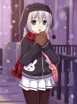  1girl bag black_legwear blurry braid commentary_request depth_of_field gloves green_eyes handbag hat jacket long_hair looking_at_viewer low_twintails mittens original pantyhose revision scarf silver_hair snowing solo steam tsukino_neru twin_braids twintails visible_air 